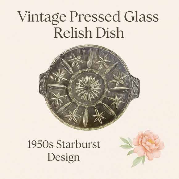 Vintage Clear Pressed Glass Relish Dish – Starburst Divided Tray, Mid-Century - Picture 10 of 10